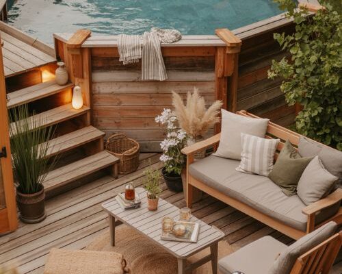 Cozy above ground pool deck ideas with warm wooden backyard retreat inspiration