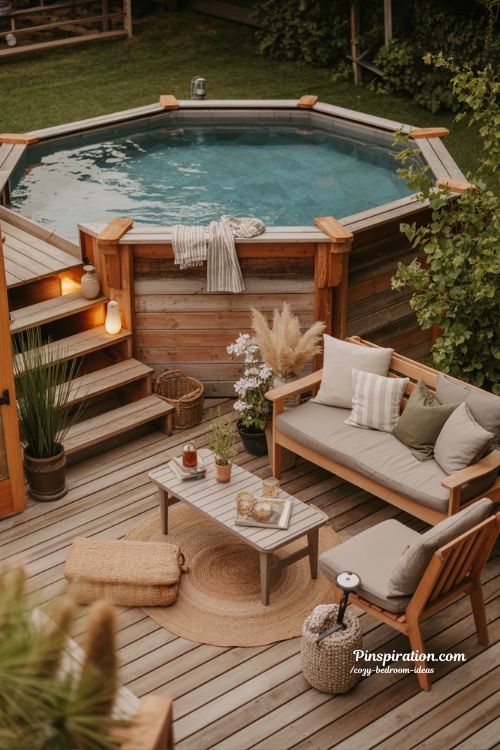 Cozy above ground pool deck ideas with warm wooden backyard retreat inspiration
