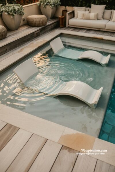 Cozy backyard pool ideas with built-in lounge zones and shallow sun shelf design