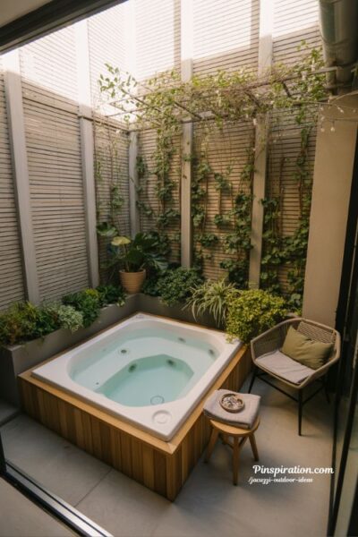 Cozy corner jacuzzi outdoor ideas for small backyard spa with privacy plants and warm seating retreat