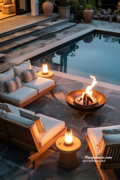Cozy pool landscaping ideas with fire pit and warm evening lighting