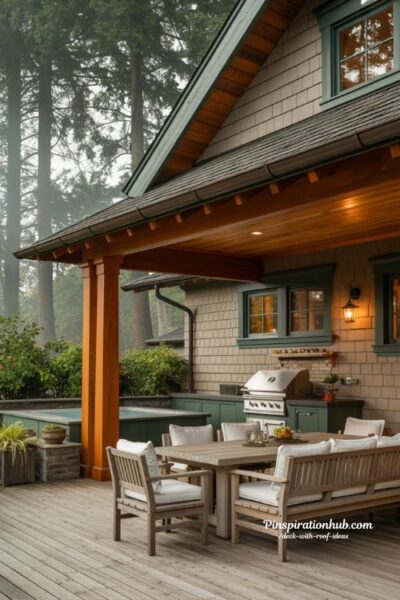 Craftsman-style covered deck with shingle roof hot tub and outdoor kitchen
