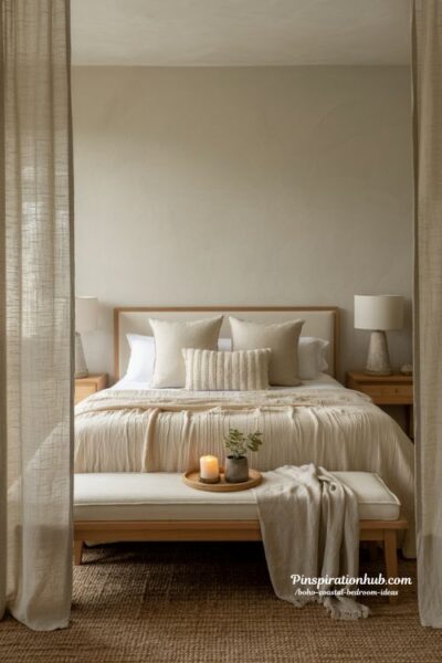 Cream and seagrass boho coastal bedroom with linen curtains and warm minimalist decor