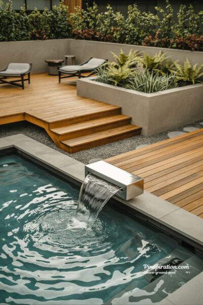 Creative above ground pool ideas with unique deck design and small waterfall feature