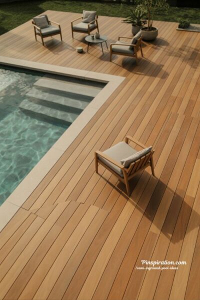 Deck focused inground pool ideas for stylish outdoor living with warm wood textures and seamless backyard design