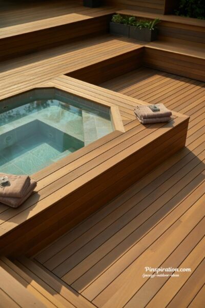 Deck integrated jacuzzi outdoor ideas with wooden platform steps and seamless backyard spa design