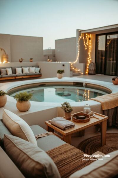 Decorative accessory jacuzzi outdoor ideas with cushions lights and cozy backyard spa styling details