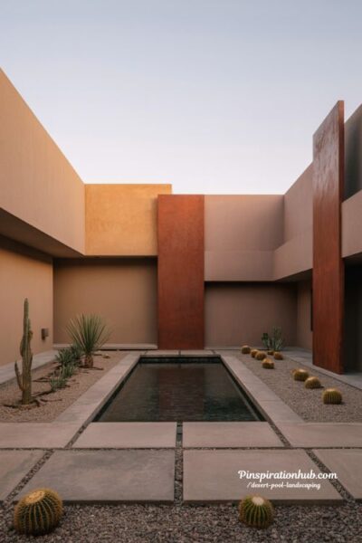 Desert courtyard pool with floating terracotta panel walls and modern Southwest design