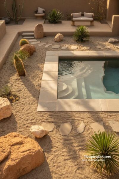Desert inspired pool landscaping ideas with warm neutral tones and minimal design