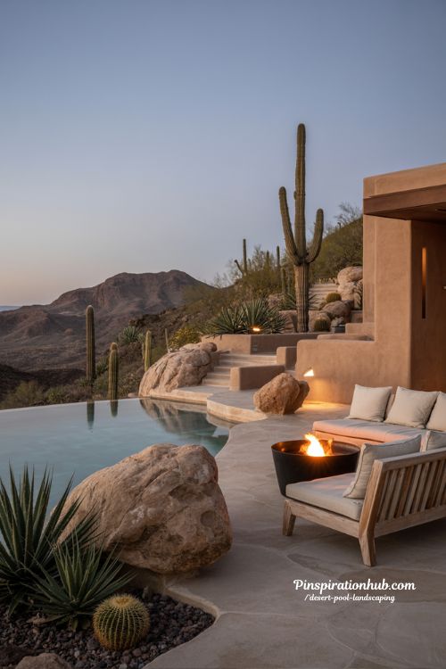 Desert pool landscaping with infinity pool cactus garden and natural stone oasis
