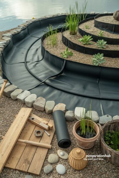 Diy pond pool with EPDM rubber liner and natural swimming pond construction design