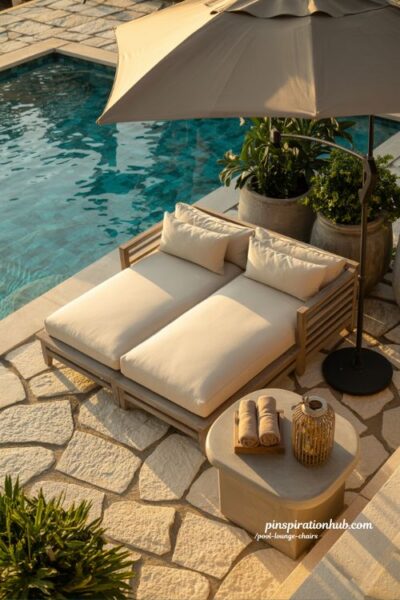 Double pool lounge chair creating a romantic resort style backyard retreat