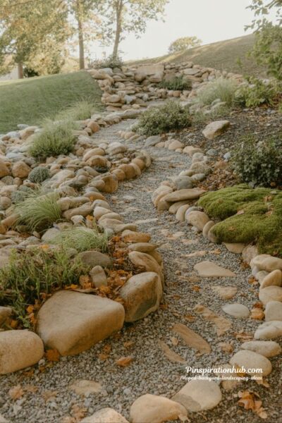 Dry creek bed landscaping for sloped backyard drainage and natural texture