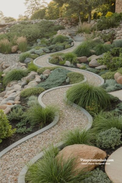Dry river bed ideas for sloped backyard drainage with natural stone and ornamental grasses