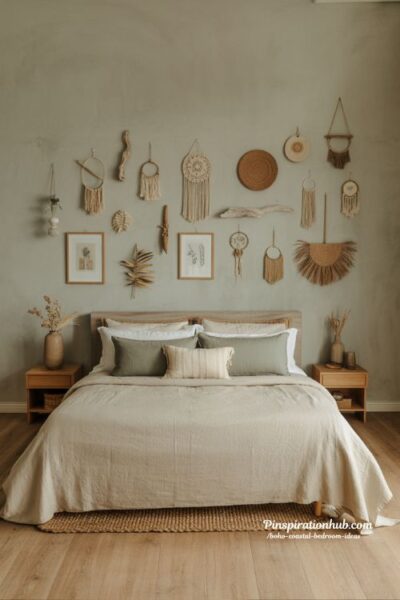 Earthy boho bedroom with gallery wall woven dreamcatchers botanical prints and sage green walls