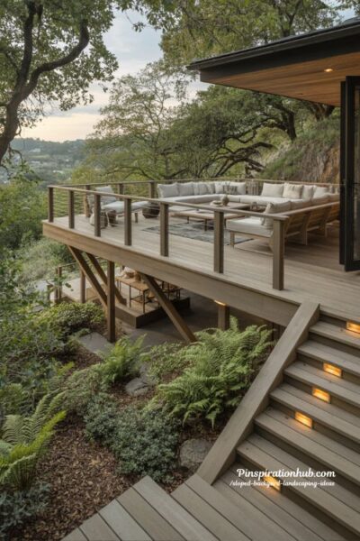 Elevated wooden deck over sloped backyard with shaded garden below