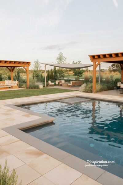 Family friendly pool landscaping ideas with safe open backyard design