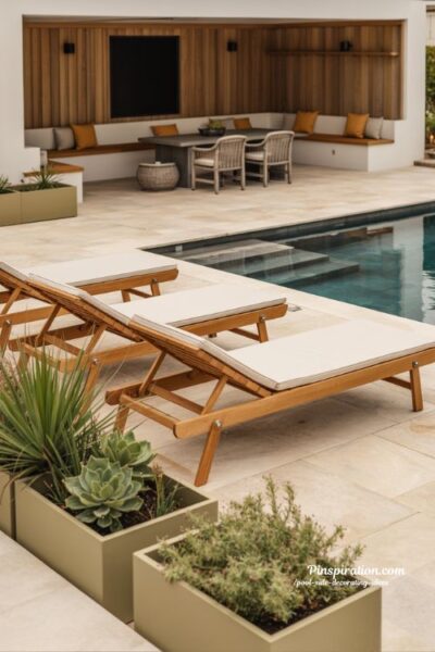 Family friendly pool side decorating ideas with durable furniture and practical backyard layout