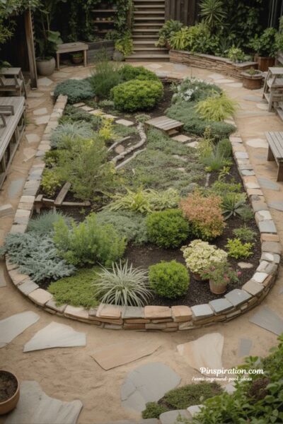 Filled in pool ideas turned into beautiful garden spaces with layered planting and natural backyard transformation design