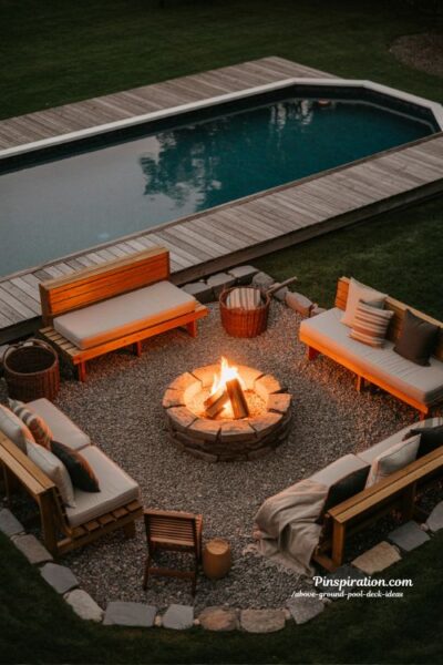 Fire pit above ground pool deck ideas with cozy backyard evening gathering space