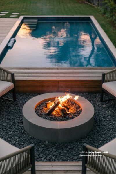 Fire pit pairing above ground pool design with cozy evening backyard retreat and warm modern outdoor living atmosphere