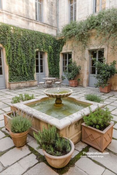 French courtyard design with central stone fountain creating calm timeless outdoor atmosphere