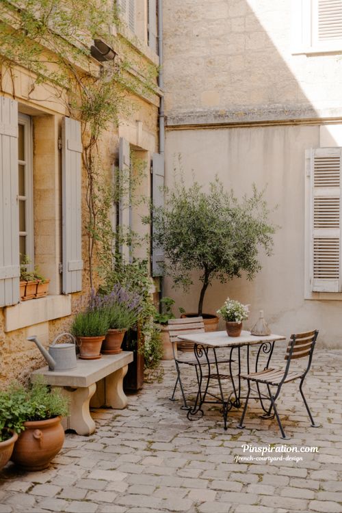 French courtyard design with rustic stone patio olive trees and calm lived-in outdoor charm