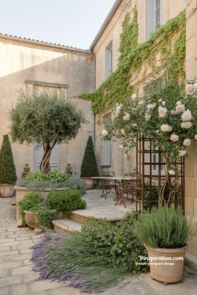 French courtyard design with seasonal roses lavender and timeless stone garden layering
