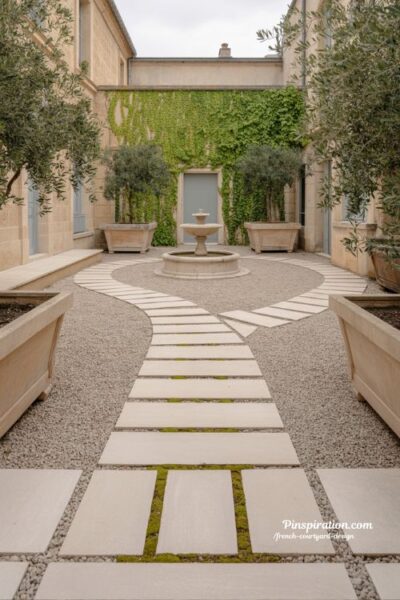 French courtyard design with stone and gravel pathways guiding calm natural spatial flow
