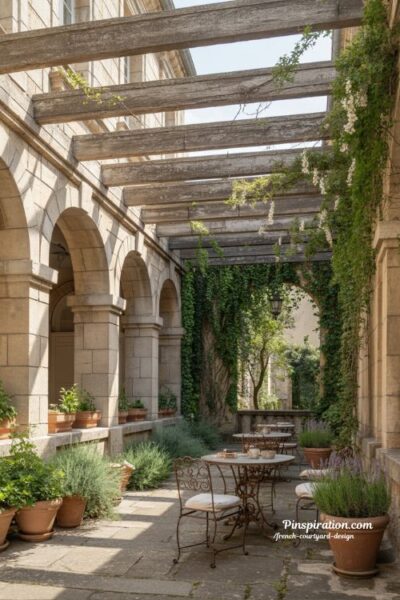 French courtyard design with vine covered arches and wooden pergola creating soft elegant outdoor structure