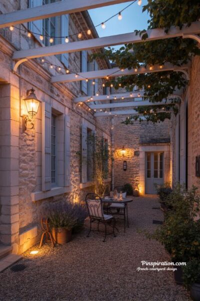 French courtyard design with warm evening lighting lanterns and cozy outdoor ambiance at twilight