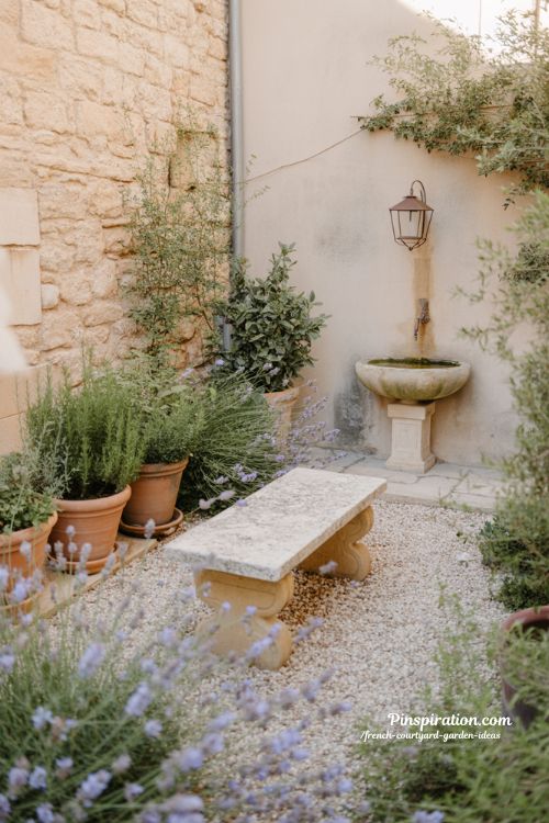 French courtyard garden ideas with lavender gravel stone bench rustic provence style courtyard