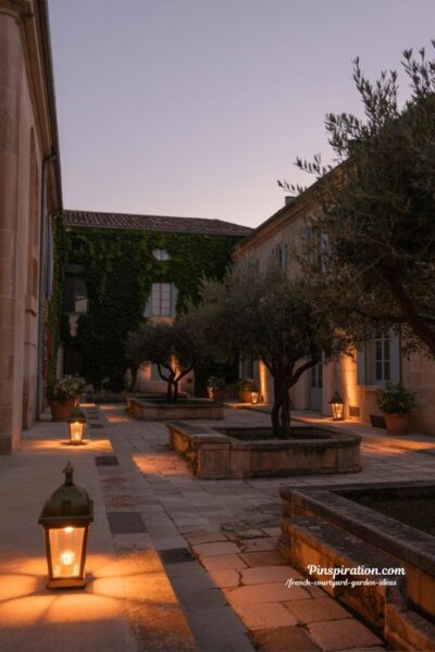 French courtyard garden ideas with warm lantern lighting and cozy evening glow in rustic stone courtyard at night