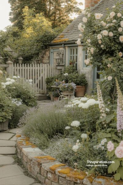 Front yard cottage garden ideas with lavender pathways and romantic curb appeal