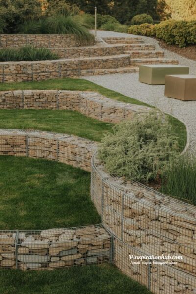 Gabion retaining wall ideas for sloped backyard with stepped grass terraces and modern landscaping
