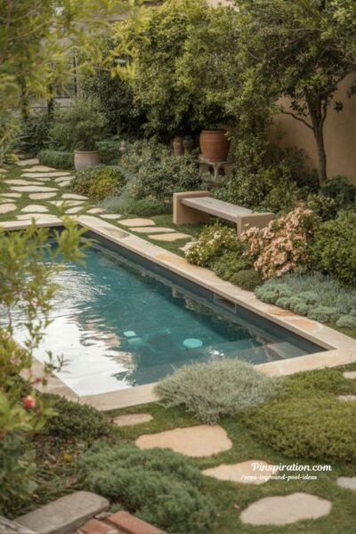 Garden inspired inground pool ideas with lush landscaping and natural stone pathways for a peaceful green backyard escape