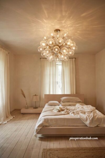 Glass globe chandelier lighting ideas for a neutral coastal bedroom