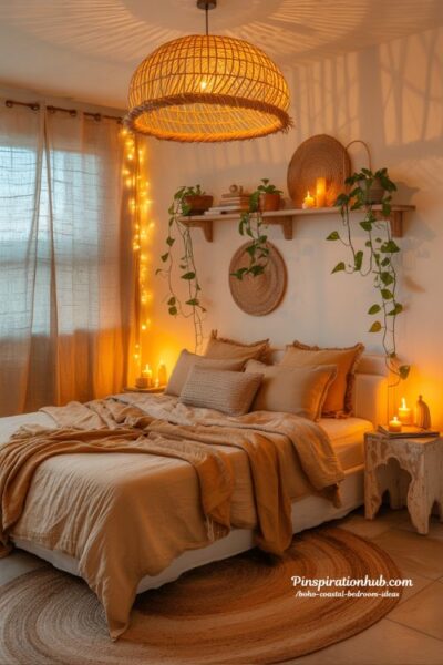 Golden glow boho coastal bedroom with rattan pendant light candles and cozy layered decor