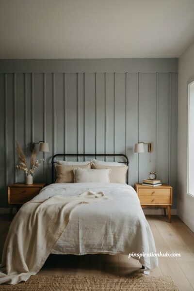 Greige blue shiplap accent wall for a neutral coastal bedroom