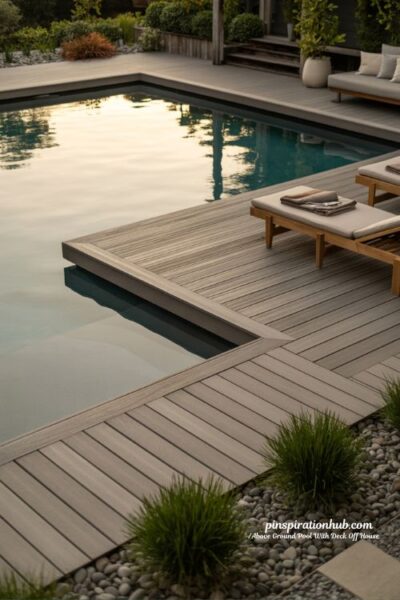 Ground level above ground pool deck flush with coping for modern resort backyard