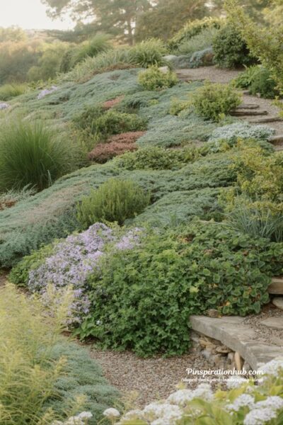 Groundcover landscaping for sloped backyard erosion control and lush texture