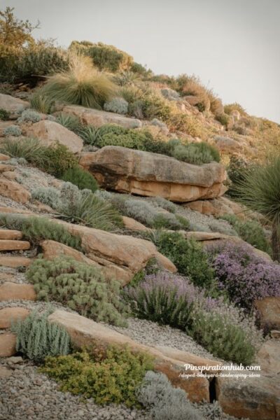 Hillside rock garden landscaping with drought tolerant native plants