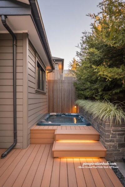 Hot tub corner deck attached to house with privacy screen and poolside spa design