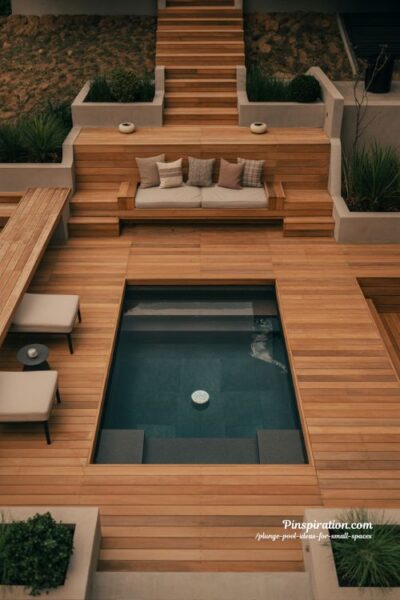 In deck plunge pool ideas for sloped small backyard timber deck design