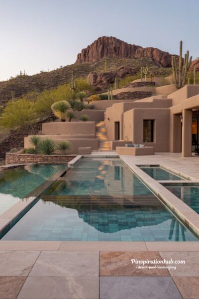 Infinity edge desert pool with Pinnacle Mountain views and cactus hillside landscaping