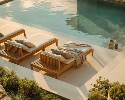 Inground pool ideas for a calm modern backyard retreat with natural stone and warm evening light