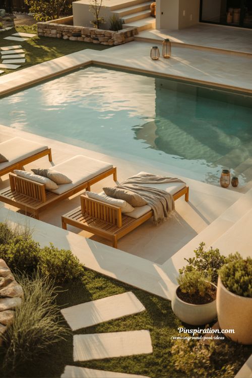 Inground pool ideas for a calm modern backyard retreat with natural stone and warm evening light
