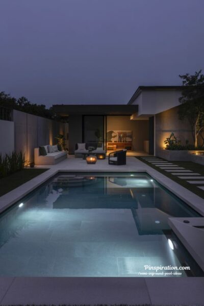 Inground pool ideas with fire and water features for a dramatic modern backyard with warm evening ambiance
