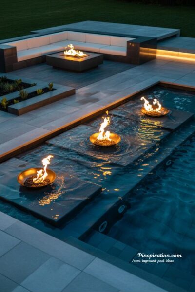 Inground pool ideas with fire and water features for a dramatic modern backyard with warm evening ambiance