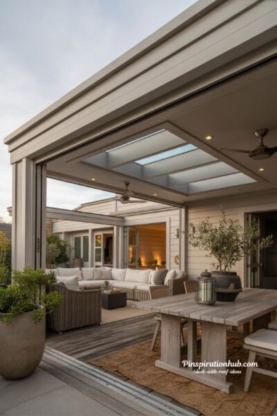 Insulated roof panel covered deck designed for comfortable year-round outdoor living